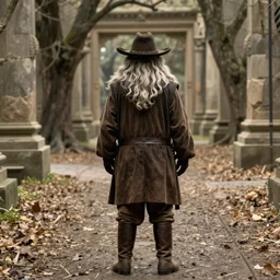 Gandalf wearing a cowboy hat, from behind, full body view. Movie still from lord of the rings the fellowship of the ring.