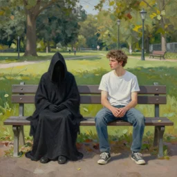 man sitting on park bench next to the grim reaper peaceful oil painting by Jeremy Saulnier sunny afternoon