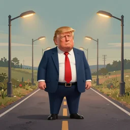 a study of cell shaded cartoon of an obese Donald Trump on a country road, street lamps, road, illustration, wide shot, subtle colors, post grunge, concept art by josan gonzales and wlop, by james jean, Victo ngai, David Rubín, Mike Mignola, Laurie Greasley, highly detailed, sharp focus, Trending on Artstation, HQ, deviantart, art by artgem