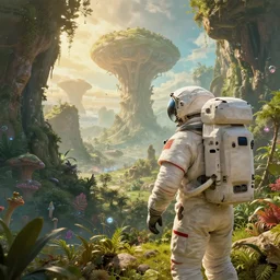 A astronaut gazing upon an amazing alien landscape with lush vegetation, digital art, breathtaking, golden ratio, extremely detailed, hyper-detailed, establishing shot, hyperrealistic, cinematic lighting, particles, unreal engine, simon stålenhag, rendered by Beeple, Makoto Shinkai, syd meade, simon stålenhag, Ruan Jia, Kentaro Miura, environment concept, artstation, octane render, 8K UHD image