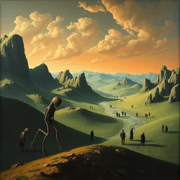 haunting surreal landscape masterpiece painted by salvador dali perfect composition bizarre deep perspective small people in the distance large mutant humanoid forms in the foreground very detailed cast shadows dramatic lighting