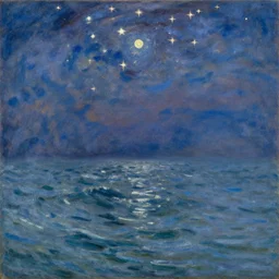 many stars in the sky, turbulent water below. by karel thole and claude monet, oil on canvas