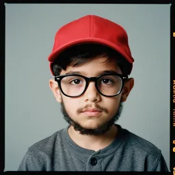 kodak portra 4 0 0, 8 k, highly detailed, britt marling style, color studio - portrait of a handsome cute 2 0 year old ducktail bearded middle eastern american male with black wayfarer glasses and red baseball hat, muted colors, up face with 1 9 2 0's hairstyle and cloth style, asymmetrical, hasselblad