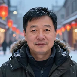 closeup portrait of a middle - aged man, wearing a parka, slight smile, snow, street at night, chinese new year, art by rebecca guay