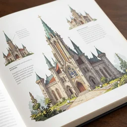 closeup of the page of encyclopedia coloured clean sharp illustration : : fantasy architecture, diagrams showing various fantasy architecture styles, insanely detailed, informative texts and graphs