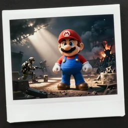 Super Mario at Afghanistan war, old polaroid photo