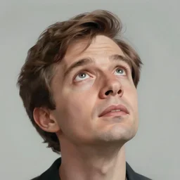 digital painting of a man looking upwards, eyes wide open in wonder, awestruck, genndy tartakovsky, in the style of pixar, up, character, white background