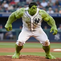 the incredible hulk playing baseball for the new york yankees, wearing torn yankees uniform, graphic novel cover art, alex ross