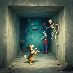 game, stuck in the game, a rectangular tunnel, a dancing dog on two legs, a clown juggler, a recess in the wall where i climbed, a human skeleton dances and looks at me, i get out of the recess and there you are a monster