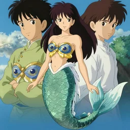 human mermaid with a fish body, wearing a gold blue peacock top, art by yuji ikehata and satoshi kon, background art by miyazaki, realism, proper human proportions, vhs