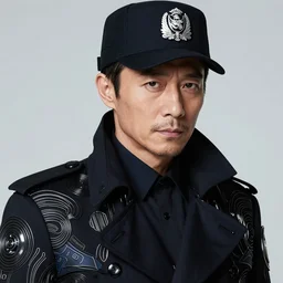 classy classy elegant sophisticated very up close portrait of a middle aged male policeman, asian ， strong, pale skin, stubble, black windbreaker ， eagle's eyes ， ryuichi sakamoto ， cyber future jacket, ultra detailed wire decoration, fantasy art by nixeu and guweiz and ilya kuvshinov, sleek curves, intricate sharp focus
