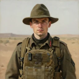 desertpunk realism portrait face head eyes nose ears hat Corporal Marshall stands in full military regalia whilst wearing a tactical backpack anna podedworna arkhip kuindzhi raphael lacoste guillem h. pongiluppi grisaille