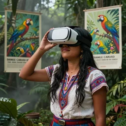 an indigenous ecuadorian huaorani young woman enjoying with a vr headset in the jungle, macaws, poster art by daniele caruso, benediktus budi, jason edmiston, vc johnson, powell peralta, volumetric light, foggy ambience