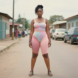 still from music video of jenny from die antwoord standing in a township street, street fashion clothing,! haute couture!, full figure painting by martine johanna, njideka akunyili crosby, rossdraws, pastel color palette, 2 4 mm lens
