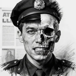 uncanny disturbing black and white police sketch of a man with sharp teeth and half of his face missing revealing a bloody skull, missing poster