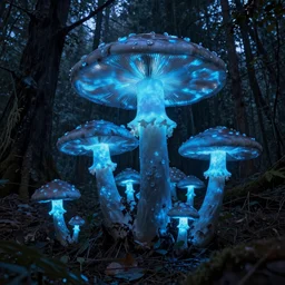 Huge glowing blue mushrooms inside a rainforest, eerie, by Beksinski