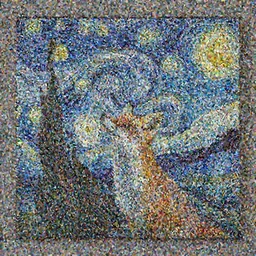 a centred painting of a fox looking up at the stars in the style of Starry Night, highly detailed