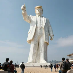 a gigantic 400 foot tall white marble statue of president Donald trump giving his thumbs up sign, dwarfs onlookers on a beach, cinematic, post apocalyptic