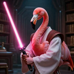 portrait, anthropomorphic flamingo wearing Jedi robes wielding a pink lightsaber in a cybertech library. Dramatic lighting, cinematic, establishing shot, extremely high detail, photo realistic, post processed, artstation, matte painting, style by eddie mendoza, raphael lacoste, alex ross