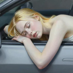 Painting of Elle Fanning sleeping on a Tesla, long blonde hair, delicate, pale milky white porcelain skin, by Edward Hopper. 8K. Extremely detailed.