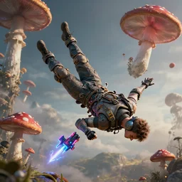 a matte painting of a human falling the from sky with magic mushrooms, with neon weapons, in style of photo quality, by Android Jones, octane renderer, unreal engine, hyper detail, high textures, hyper sharp, insanely detailed and intricate, super detailed, 4k HDR high quality