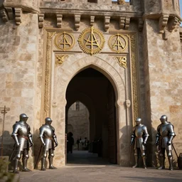 photo of an ancient castel entrance, illuminati signs, armorers, sharp focus, volumetric light, intricate details, ( ( ( gold intricate ) ) ) photorealism, depth of field, crisp, hasselblad camera, by annie leibovitz and moebius, octane render, unreal engine