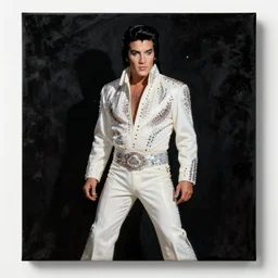 black velvet painting of Elvis Presley in a white sequined jumpsuit