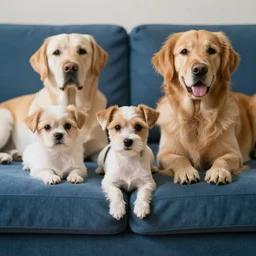 a cute spaniel, Labrador and golden retriever spread out on a plush blue sofa. Award winning photograph, soft focus, depth of field, rule of thirds, national geographic, golden hour, style of Vogelsang, Elke, symmetric