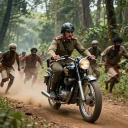 british officer driving a motorcycle in 1921 in kerala forest road, tribe members attacking, furious action scene, chase, an epic fantasy, dramatic lighting, cinematic, establishing shot, extremely high detail, photorealistic, cinematic lighting, artstation, by simon stalenhag, horizon forbidden west