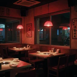 simple small chinese restaurant interior dimly lit by red neon lighting Friday evening Bladerunner 2049 scene. Dark glass windows. Set design by Alessandra Querzola. Cinematography by Roger Deakins 1989 film photo slightly grainy.