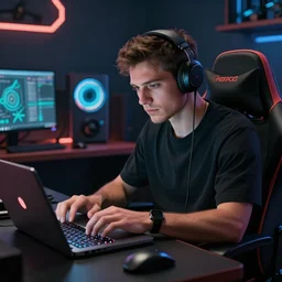 realistic rich man using laptop in gaming room, artstation trends, future concept art, highly detailed, intricate, sharp focus, digital art, 8 k