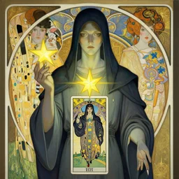 a cyberpunk god holding a star, tarot art, painting by greg rutkowski, alphonse mucha, gustav klimt