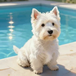 west highland white terrier sitting by a pool, bright, reflections, intricate, sharp focus, lens flare, bloom, illustration, highly detailed, digital painting, concept art, matte, art by ruan jia and wlop and greg rutkowski, masterpiece
