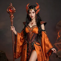 professional photograph of a real-life beautiful elemental lava witch with ornate orange and black robes and staff.  Extremely detailed. 8k