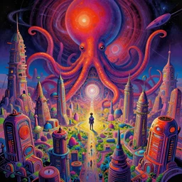 a surreal landscape of dystopian city on a comet with octopus shaped buildings naoto hattori, android jones, and chris dyer, deep bold colors, galactic entity, depth of field, intricate beautiful painting, billions of details, octane render, portal, 8 k, detailed vector, trending on artstation, cgisociety, wow!!!!!!