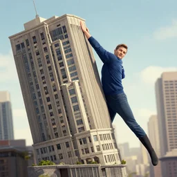 man with superpowers lifting a building, sideways building, 4 k detailed picture