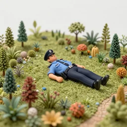 poetic exhuberance, tiny realistic detailed police officer lying in the middle of a stunning intriguing dense 3 d rendering, composed of tiny colorful details and plants, hyperdetailed, contemporary masterpiece, in clean minimal style museum, deep focus, striking