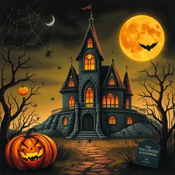 halloween scary castle, pumpkin, bar, spiders, grave, web