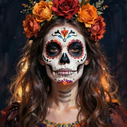 Illustration of a sugar skull day of the dead girl, art by jean delville