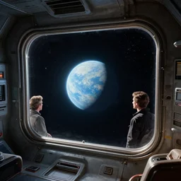 in the oxidized futuristic interior of a tin can floating in orbit round the planet looking through the window there is the pale blue dot, the shrinking blue orb. aleksi briclot paul chadeisson marc simonetti pablo carpio raphael lacoste hitchhiker's guide to the galaxy