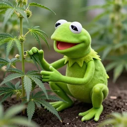 kermit the frog tending his cannabis garden in the style of realism, highly realistic, photorealistic, ultrarealistic, hyper detailed,