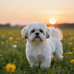 white shih tzu in a field full of flowers, photo realistic, with a sunset
