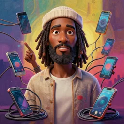 stylish caricature 3 d vfx drew struzan movie poster art of an african jesus surrounded by wires and smart phones, art style by james jean & hsiao - ron cheng, unreal engine render, digital illustration, sharp, intricate detail, volumetric lighting, ray tracing, soft light, colourful, claymation style, ernie barnes style, symmetry, acrylic on canvas, pinterest, artstation,