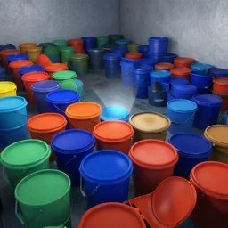 a room filled with coloured buckets. a spot is aimed at one of the buckets. unreal engine