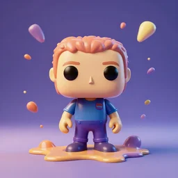 single crazy melting plastic toy Pop Figure, C4d, by pixar, by dreamworks, in a Studio hollow, surrounded by flying particles