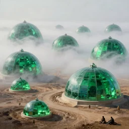 hyper detailed painting of giant domes made of bright, shining, vibrant green emerald neon glass, sprawling across majestic parched plains in a thick fog, by francisco goya and rembrandt, unsettling, mysterious, by stephan martiniere and alexander fedosav, hyperrealism, 8 k resolution, behance hd, artstation, nightcafe