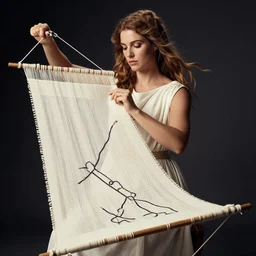 photograph of the beautiful Greek Fate Chlotho, one of the Weavers of Destiny, as she weaves a Tapestry of your Life, photographed in the Style of Mario Testino, studio lighting