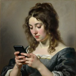 portrait of a gorgeous woman on her smartphone!! oil painting by joseph ducreux, 1 7 th century, art, oil on canvas, wet - on - wet technique, realistic, expressive emotions, intricate textures, illusionistic detail, 4 k