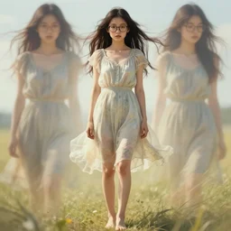full body portrait of a beautiful young asian girl glasses, freckles, summer dress, fully clothed!, worksafe!!!, jeremy mann and alphonse mucha, photo realistic, dynamic lighting, windy, artstation, poster, dreamy, volumetric lighting, ethereal, 4 k, high detail
