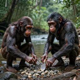 homo - erectus, apeman, caveman, prehistoric people, asemble at the river bank, make stone adze from pebble at the river bank in the rainforest, high qulity realistic face, hyper - realistic, highly detailed, 8 k, cinematic lighting, global illumination, elegant, ornate, super detail, the light is dim, and the colours are muted. kodak etkar